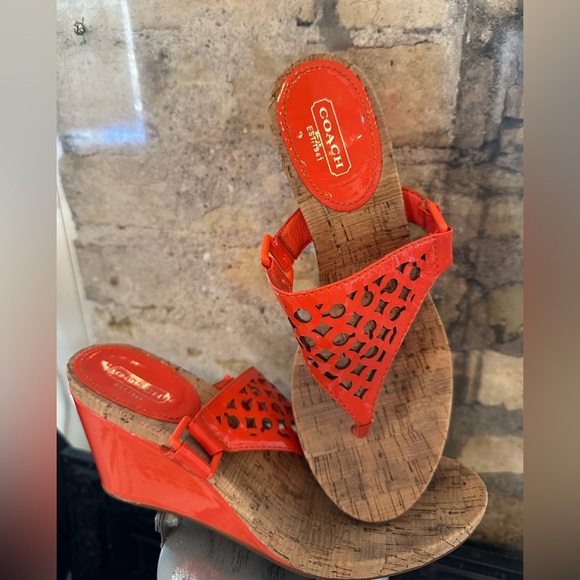 Coach Shoes - COACH Wedge Sandals Brookk Laser Cut Orange Patent Leather